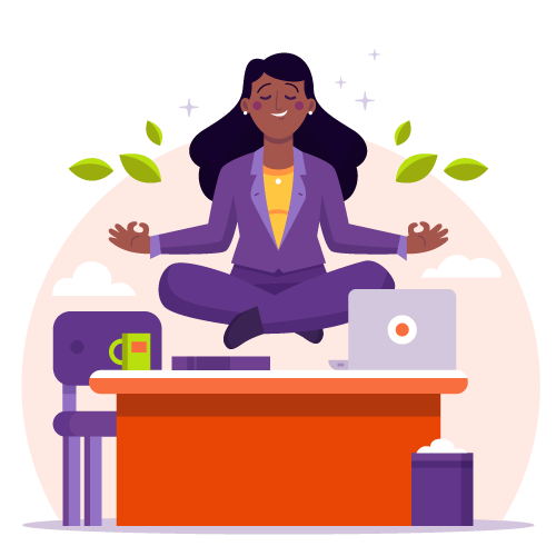 A business woman in a 
 hovering in a lotus pose above her work desk with a calm expression